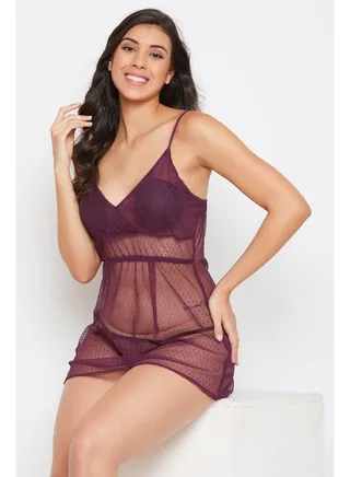 Self-Patterned Sheer Babydoll with Matching Thong Purple 