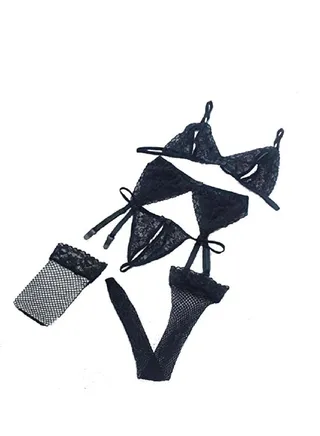 4Pcs Women Lingerie Set Deep V Neck Teddy Strap Babydoll Bodysuit . 