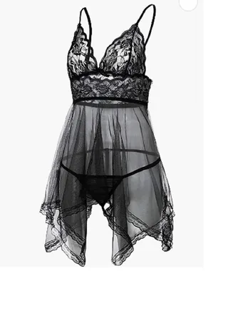 Women Sheer Floral  Lingerie  Babydoll Lace  V Neck  Nightwear with G-String. 
