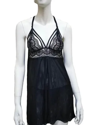 Short and Sheer Black Lingerie Sleep Set with Lace Details, Two Pieces 