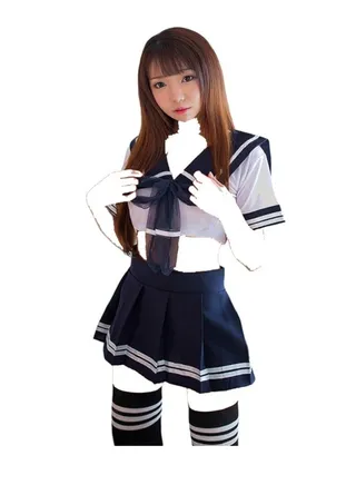 School Girl Cosplay Lingerie for Women Mini Sailor Outfit Costumes with Stockings Navy Blue 