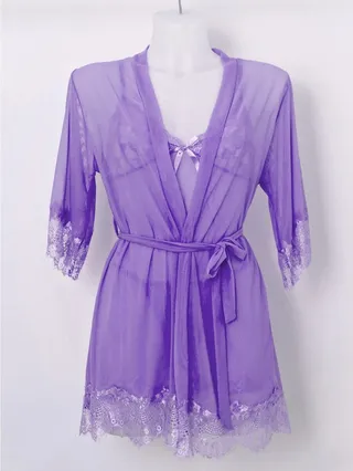 3-Piece Bow Lace See Through Babydoll Set Light Purple 