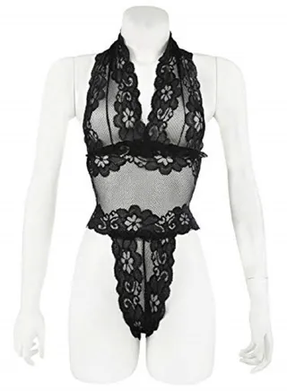 Women  Crochet  Deep V Neck Halter Backless Floral Lace  Jumpsuit 