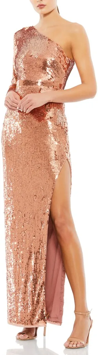 Sequin One-Shoulder Long Sleeve Column Gown