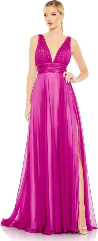 Draped Sleeveless V Neck Flowy Gown