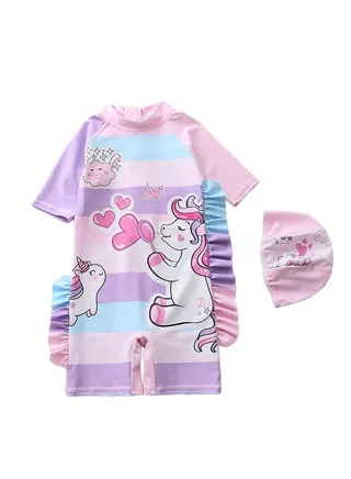 2 Piece Kids Unicorn Print Swimsuit with Cap Set  Toddler Girls One-Piece Swimwear Children Swimming Clothing Beachwear Bathing Suit Bikini for Summer 