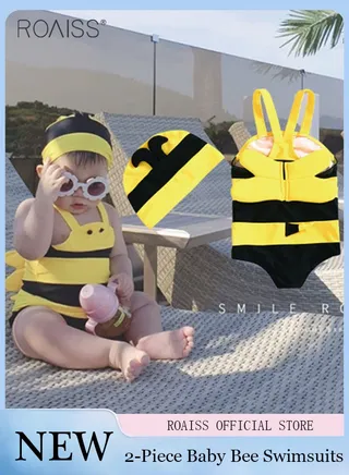 2-Piece Bee Swimsuit Baby Beach Bath One-Piece Swimsuit And Same Color Swim Cap Set 