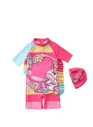 2 Piece Kids Unicorn Print Swimsuit with Cap Set  Toddler Girls One-Piece Swimwear Children Swimming Clothing Beachwear Bathing Suit Bikini for Summer 