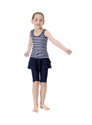 Girl's 2-Piece Stripe Pattern Burkini Set Navy Blue/White 