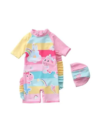 2 Piece Kids Unicorn Print Swimsuit with Cap Set Toddler Girls One-Piece Swimwear Children Swimming Clothing Beachwear Bathing Suit Bikini for Summer 