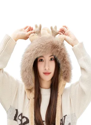 Beautiful Soft Cozy Winter Hat for Women with Plush Velvet and Cute Deer Ears 
