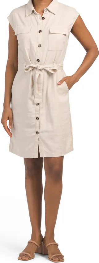 Sleeveless Linen Blend Mini Shirt Dress With Self Belt