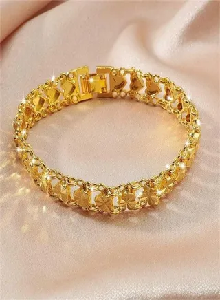 Heart Decor Chain Bracelet Cuff Bangle Jewelry Gift for Women Wife Golden 