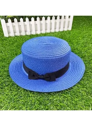 Straw Sun Hat for Women, Girls Cute Summer Beach Cap Foldable Visor Floppy Wide Brim with Bowknot BLUE 
