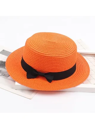 Straw Sun Hat for Women, Girls Cute Summer Beach Cap Foldable Visor Floppy Wide Brim with Bowknot ORANGE 