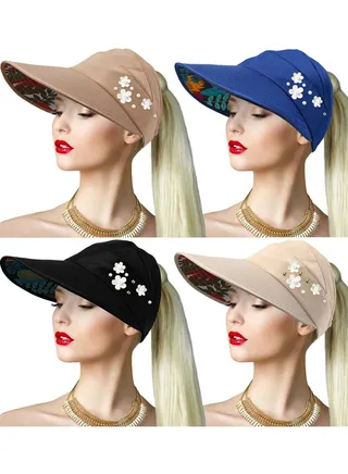 Sun Hats for Women Wide Brim, Summer Beach Hat UV Protection Sun Ray, Foldable Visor Floppy Adjustable Ponytail Hat for Hiking Camping Fishing Safari (Pack of 4) 