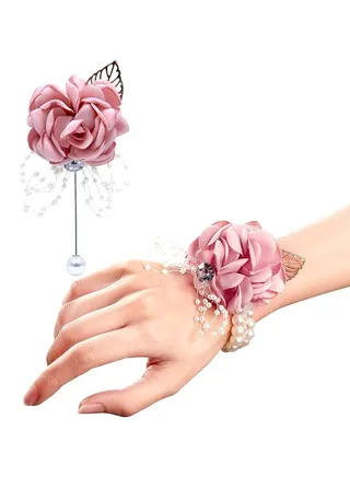 Rose Corsage Bracelet Set, 2 Pcs Floral Wedding Wrist Corsage With Rhinestone And Pearl 
