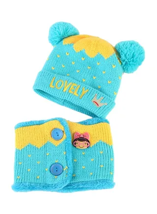 Lovely Warm Knitted Beanie With Scarf Blue/Yellow 