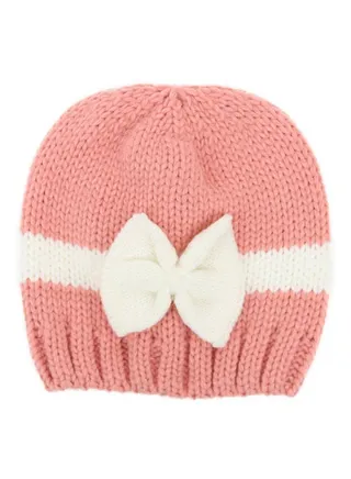 Warm Knitted Bowknot Beanie Pink/White 