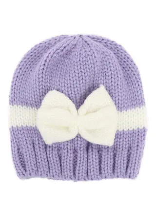 Warm Knitted Bowknot Beanie Purple/White 