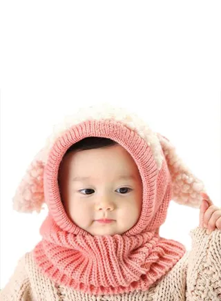 Cute Earflap Hooded Beanie Pink/White 