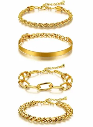 4PCS Gold Bracelets Set Adjustable Fashion Metal Chain Flat Cable Chunky Trendy Layered Punk Jewelry Hip Hop Cuban Bracelet Punk Metal Twisted Rope Chain for Women Girls 