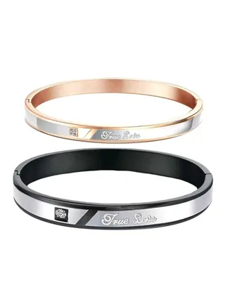 18 Karat Rose Gold Plated Stainless Steel Couple Bracelet With Rhinestone 