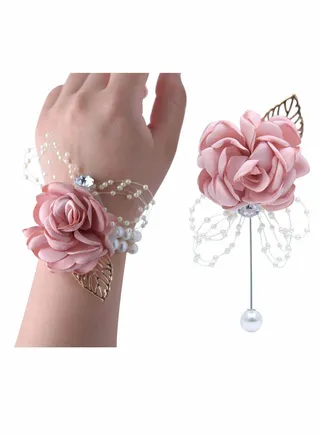 Rose Corsage Bracelet Set, 2 Pcs Floral Wedding Wrist Corsage with Rhinestone and Pearl 