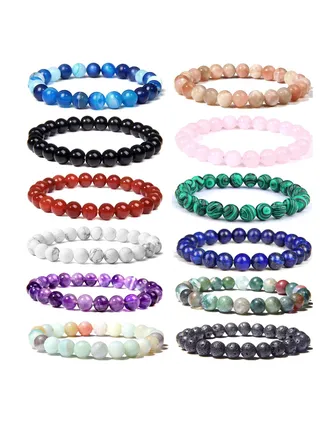 12PCS 8mm Semi-precious Beaded Bracelets for Men Women Healing Stretch Round Bead Crystal Gemstones Bracelets Unisex 