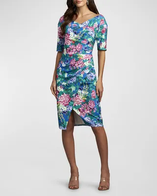 Pleated Floral-Print Elbow-Sleeve Midi Dress