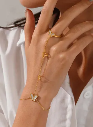 18k Gold Plated Stainless Steel Bracelet With Connected Ring For Women 