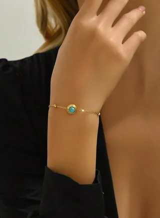 Elegant Stainless Steel Gold Plated Bracelet For Women Inlaid With Turquoise Stone 