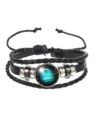 12 Zodiac Constellation Beaded Hand Woven Leather Bracelet Chain Cuff Leather Gemstone Studded Noctilucent Bracelet With for Women Men(Libra) 