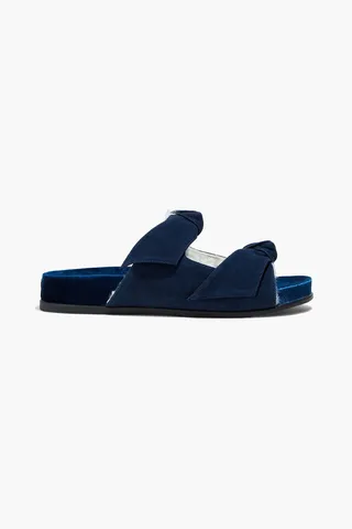 Clarita bow-embellished shearling-lined suede slides