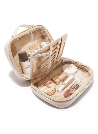Travel Makeup Bag, Waterproof Cosmetic Bags for Women, Large Capacity PU Leather Make Up Organizer with Portable and Stylish, Versatile and Practical Cosmetic Bag, Lay-flat Opening (White) 