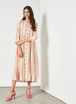 Striped Pattern Mandarin Neck Midi Modest Dress Orange/Beige/White 