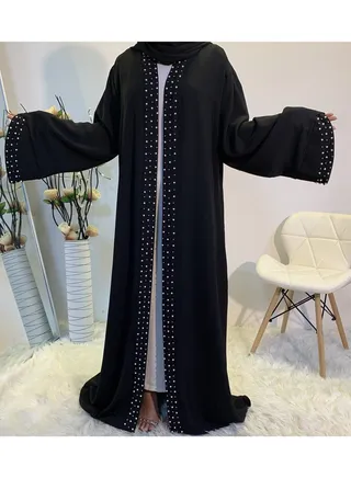 Fashionable and Elegant Clear Color Beaded Muslim Lace up Cardigan Robe 