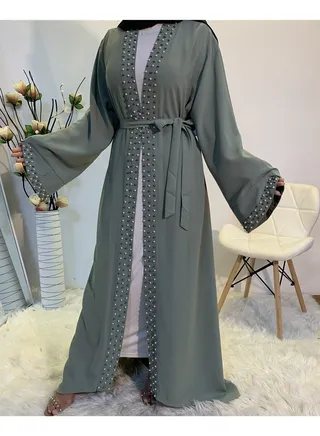 Fashionable and Elegant Clear Color Beaded Muslim Lace up Cardigan Robe 