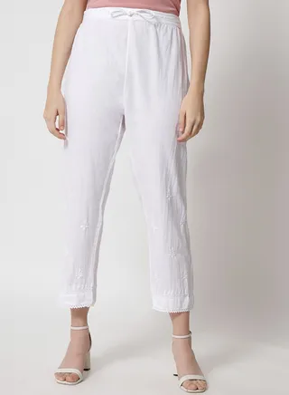 Hand Embroidered Chikankari Women White Pant-AL3539 