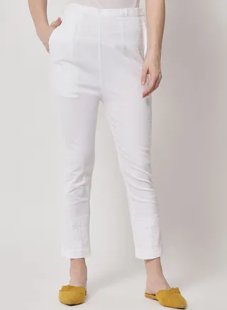 Hand Embroidered Chikankari Cotton Women White Pant-AL3568 