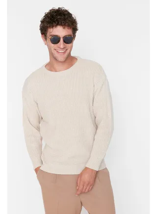 Men's Beige Oversize Fit Wide Fit Crew Neck Basic Knitwear Sweater 