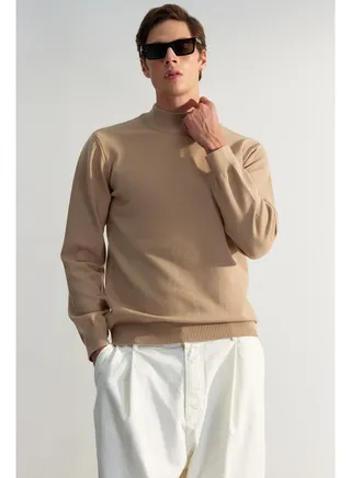 Men's Camel Regular Fit Half Turtleneck Viscose Soft Limited Edition Basic Knitwear Sweater 