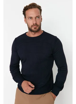 Navy Blue Men's Slim Fit Crewneck Jacquard Knitwear Sweater TMNAW22KZ0416 