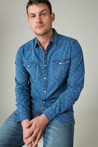 Printed Indigo Long Sleeve Western Shirt