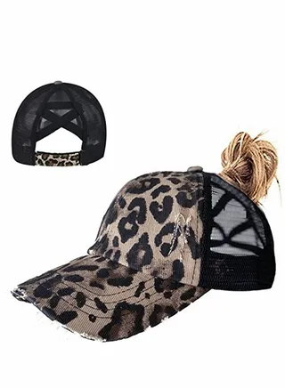 Cap, Leopard Hat, Women's Baseball Cap, Washed Peaked Cap, Mesh Cap, Ponytail Hat Washed Distressed Mesh, Dad Hat, Ponytail Hat, Unisex-adult Cap, for Women Vintage Outdoor Sports Sun Hat 