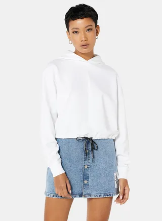 Cropped Drawstring Hoodie White 