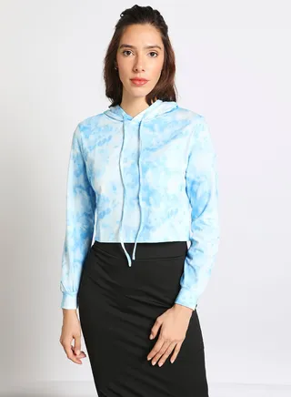 Women's Casual Long Sleeve Polyester Blend Tie-Dye With Hooded Neck Hoodies Sweat Shirts Blue 
