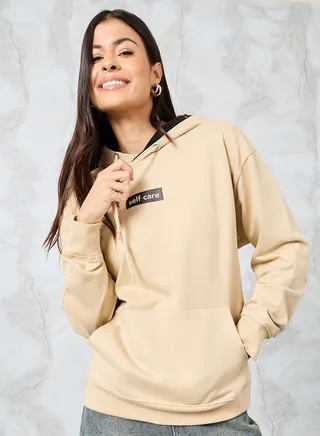 Regular Fit Slogan Print Contrast Lining Hoodie 