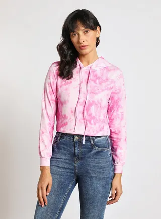 Women's Casual Long Sleeve Polyester Blend Tie-Dye With Hooded Neck Hoodies Sweat Shirts Pink 
