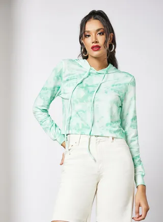 Women's Casual Long Sleeve Polyester Blend Tie-Dye With Hooded Neck Hoodies Sweat Shirts Green 